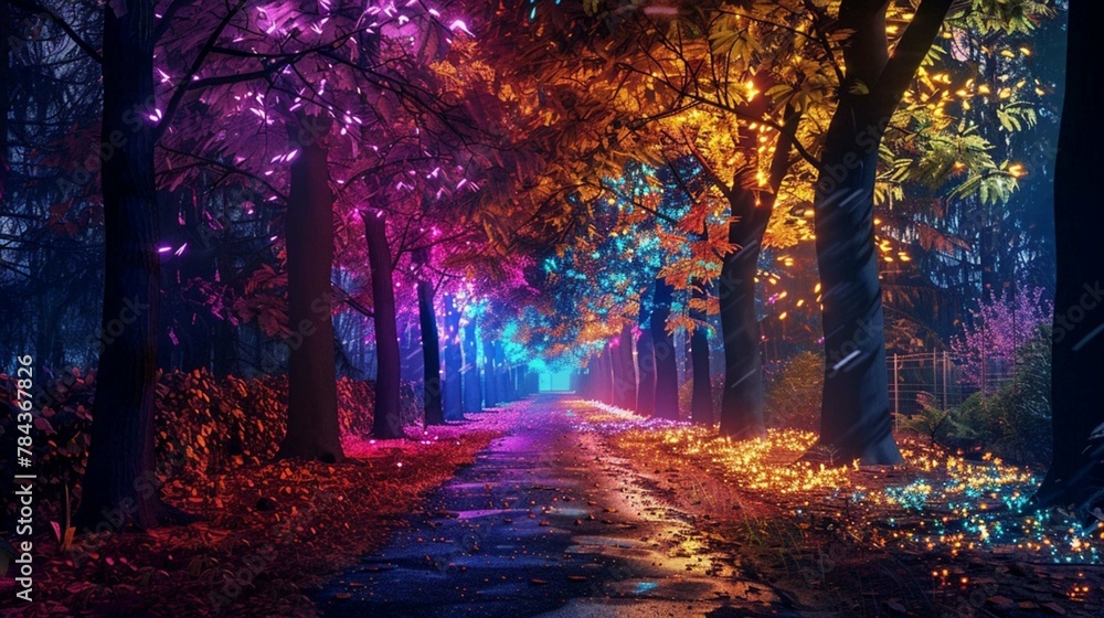 The magical lighting and colorful trees could represent a fantastical forest path