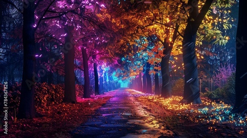 The magical lighting and colorful trees could represent a fantastical forest path photo