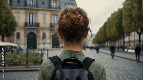 Young girl traveling with a backpack. Backpacking travel concept. Solo travelling