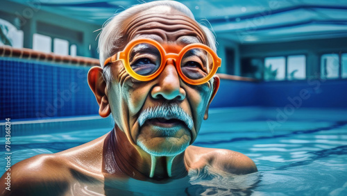 Asian senior man with Goggles swimming in swimming pool. Happy elder have active sport at old age. Funny grandfather portrait wide angle