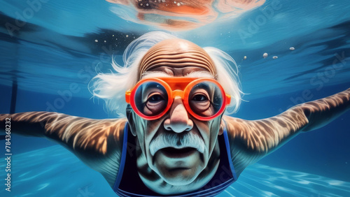 senior man with Goggles dive underwater in a swimming pool. Happy elder have active sport at old age. Funny grandfather portrait wide angle