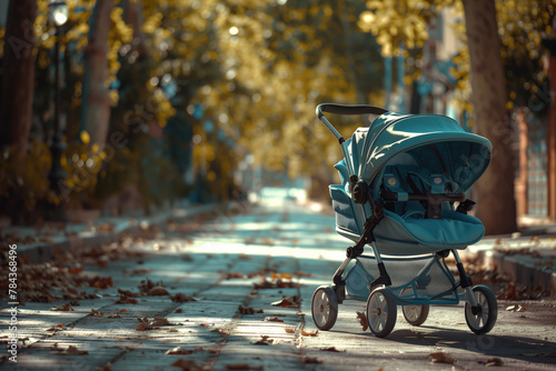 Modern baby stroller in bright colors photo