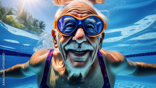 Happy senior man with Goggles dive underwater in a swimming pool. Happy elder have active sport at old age. Funny grandfather portrait wide angle