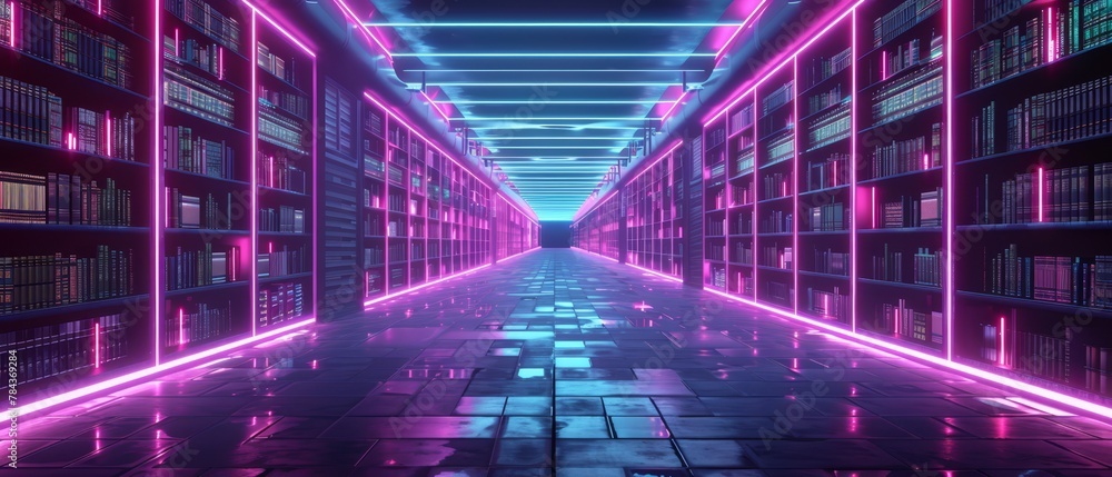 Fototapeta premium Neoninfused cyber space library, archives of humanitys digital knowledge.