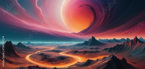 A digital artwork depicting an alien landscape with a swirling sky and flowing rivers of lava amidst mountainous terrain.