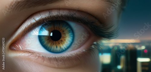 A highly detailed close-up of a human eye with striking blue and gold iris, set against a cityscape at twilight. photo