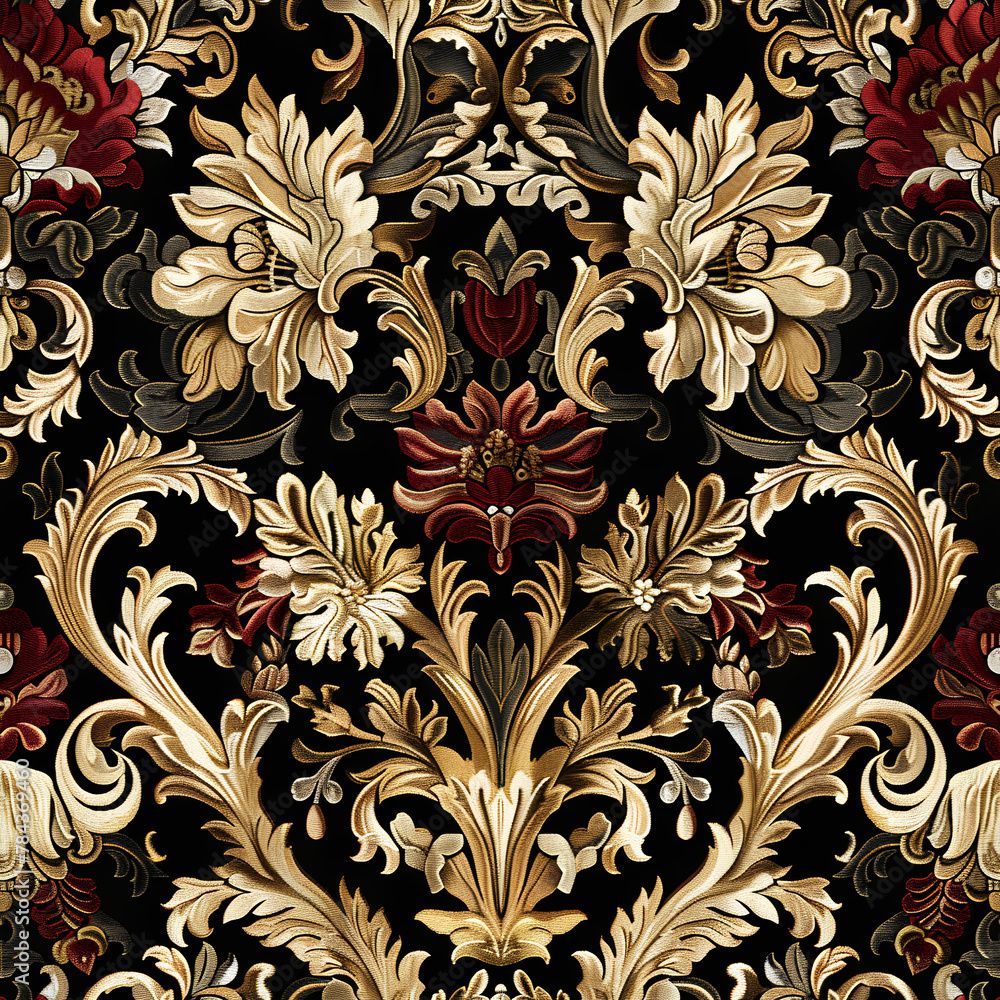 Regal Baroque Floral Pattern, Rich Gold and Maroon, Vintage Textile Design