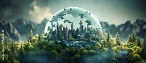 3D-rendered globe showing pollution clouding over cities, paper-cut style, minimalist environmental art, blurred background, #784369495