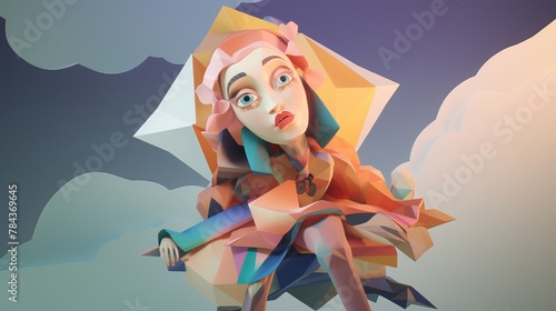 Glowing eyes and intense expression as the witch zips through the clouds  low poly