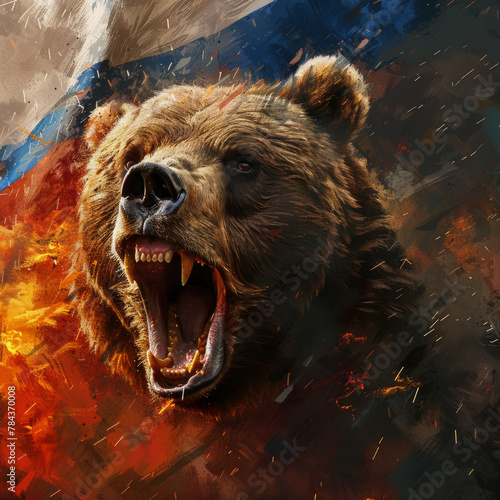 An angry bear on the background of the Russian flag, a print for a T-shirt, a sweatshirt.