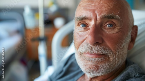 
A poignant portrait of a man undergoing chemotherapy treatment, showcasing his resilience and determination in the face of illness photo