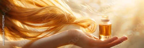 A cascade of silky hair, bathed in sunlight, flows over a hand delicately holding a bottle of nourishing hair oil photo