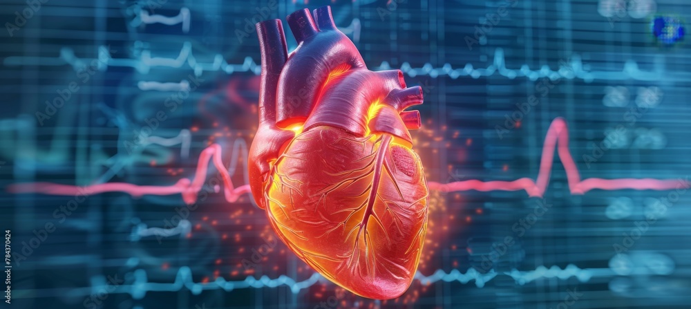 Anatomy of human heart on ecg medical background. 3d render Stock ...
