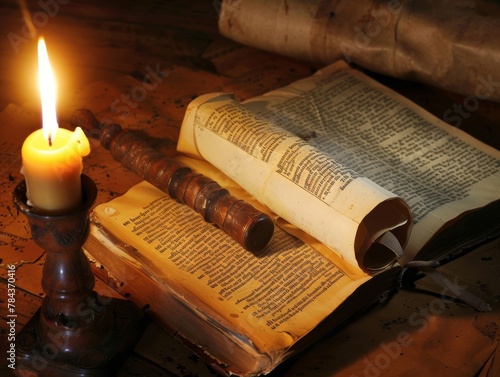 Ancient scripture pages blowing in the wind retro compass and candle illuminating the text