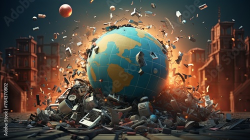 3D render of a globe overwhelmed by electronic waste, paper-cut style, minimalist, blurred tech debris background,