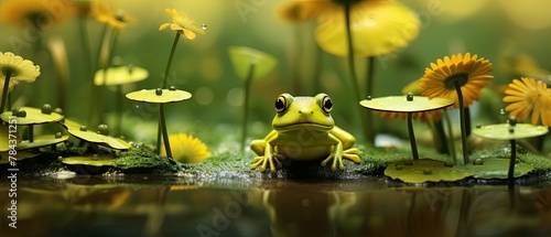 Minimalist 3D-rendered paper-cut of a frog amid raindrops on water lilies, blurred pond background,
