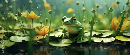 Minimalist 3D-rendered paper-cut of a frog amid raindrops on water lilies, blurred pond background, photo