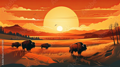 Minimalist 3D render of a bison herd in a prairie landscape  realistic paper-cut style 