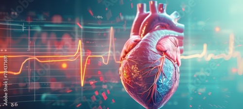 Anatomy of human heart on ecg medical background. 3d render photo
