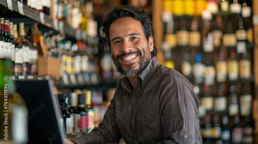 Portrait of salesman using computer at cash counter in liquor store. Wine store Portrait of salesman using computer at cash counter in liquor store. Wine store