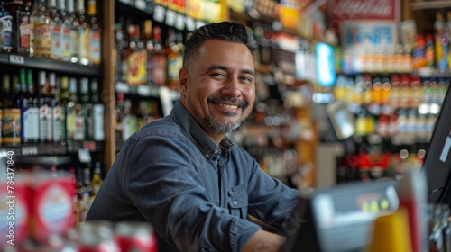 Portrait of salesman using computer at cash counter in liquor store. Wine store
