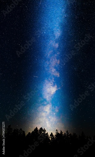 Vertical of the silhouette of a tree line against the mesmerizing starry sky with bright stars