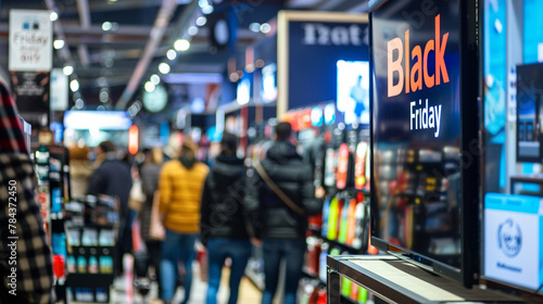 Close Up of a Black Friday Sale Sign in a Home Electronics Department Store with a Range of Modern Smart TV Sets. Shoppers Explore Discounted Home Appliances in a Busy Retail Storefront