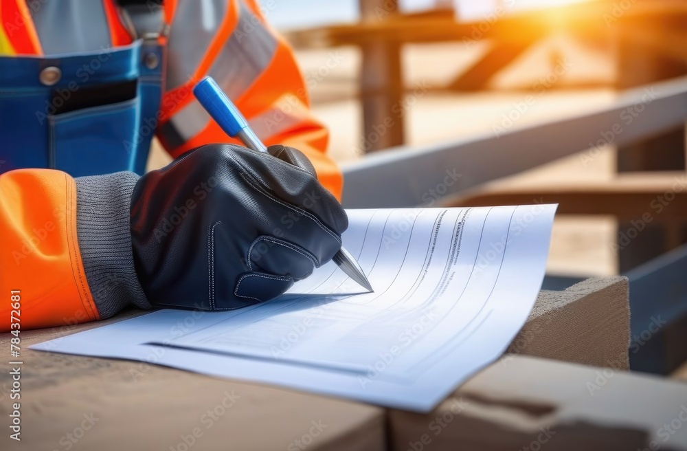 A worker at a construction site signs an insurance act,Business Concept and Technology. Close-up of hand with pen signing paper