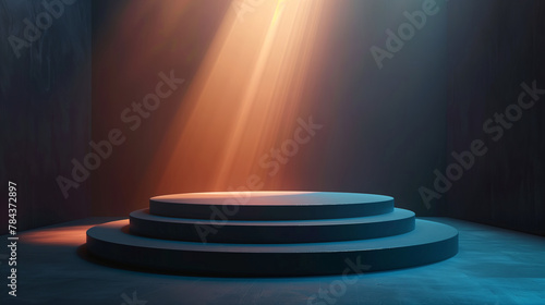 empty podium illuminated by soft, orange and blue light for product display