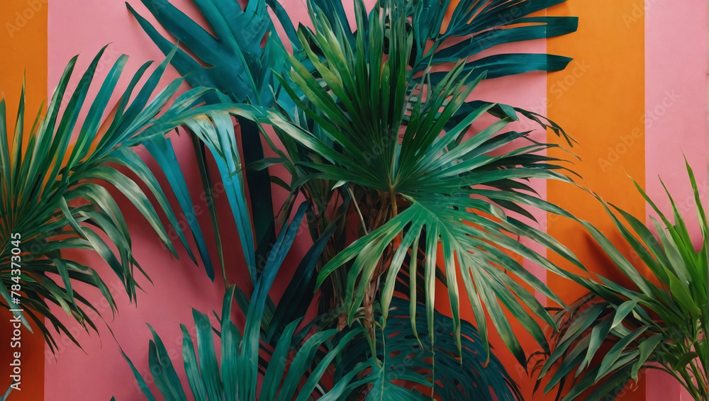 Vibrant tropical backdrop featuring hand-painted palm fronds in a riot of colors, evoking a summery atmosphere. Perfect for minimalist fashion concepts and flat lay compositions.