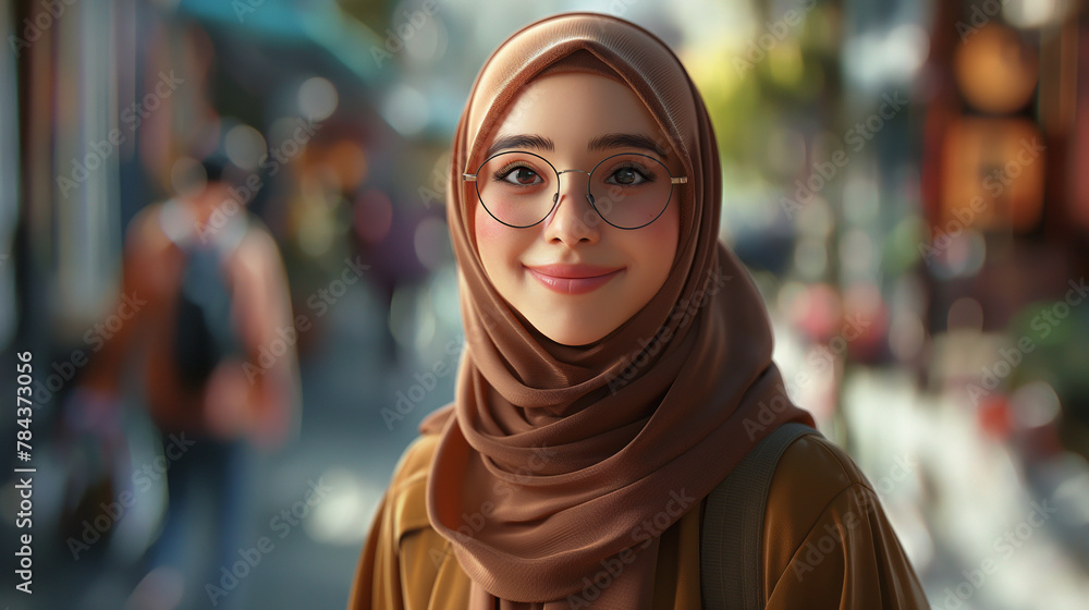 A happy confident Muslim girl wearing a hijab headscarf on her head walks in the middle of a busy street. The concept of a free life for Muslim women, prospects for them. - obrazy, fototapety, plakaty 