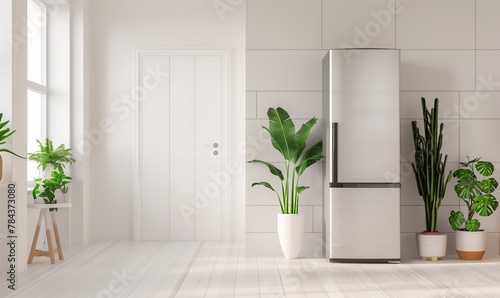 Un soplo de aire fresco infunde esta luminosa cocina, donde un refrigerador moderno está flanqueado por una asamblea de exuberantes plantas de interior, creando un oasis sereno de líneas limpias. photo