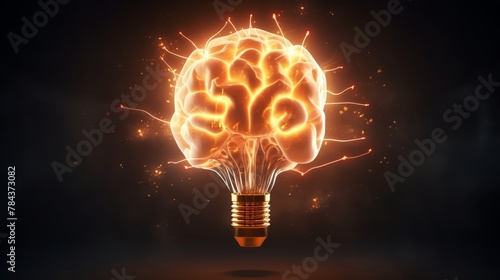 A glowing brain-shaped light bulb represents a burst of ideas and inspiration, perfect for sparking creativity and innovation, in 4k. photo