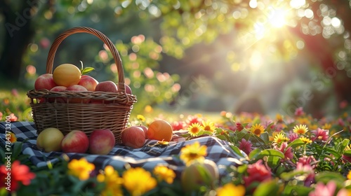 Bañado por el sol y sereno, una cesta de mimbre rebosa con la vibrante generosidad de frutas de verano, anidada entre un prado de flores silvestres que susurran historias de tardes perezosas y soleada photo