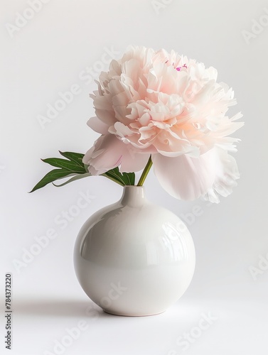 Las curvas suaves de un jarrón esférico acunan una exuberante peonía, cuyos pétalos se despliegan en un baile de rosa suave y blanco, creando un retrato de sofisticación sutil. photo