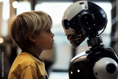 En un momento suspendido entre la maravilla y la realidad, un niño intercambia miradas con los contornos elegantes de un robot avanzado.