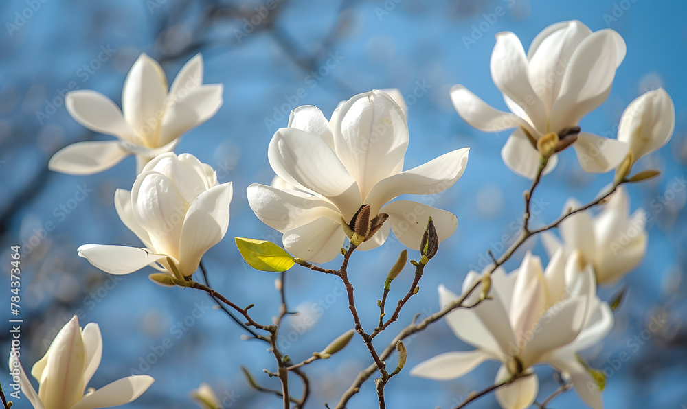 Fototapeta premium A white magnolia tree blooms in front of the temple, Generative AI