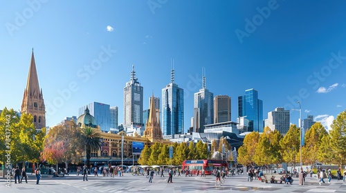 Busy urban landscape of Melbourne, Australia with modern buildings.