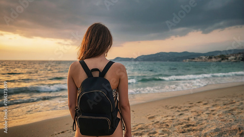 Girl in swimsuit with backpacks camping on the beach on summer vacation. Backpacking vacation concept