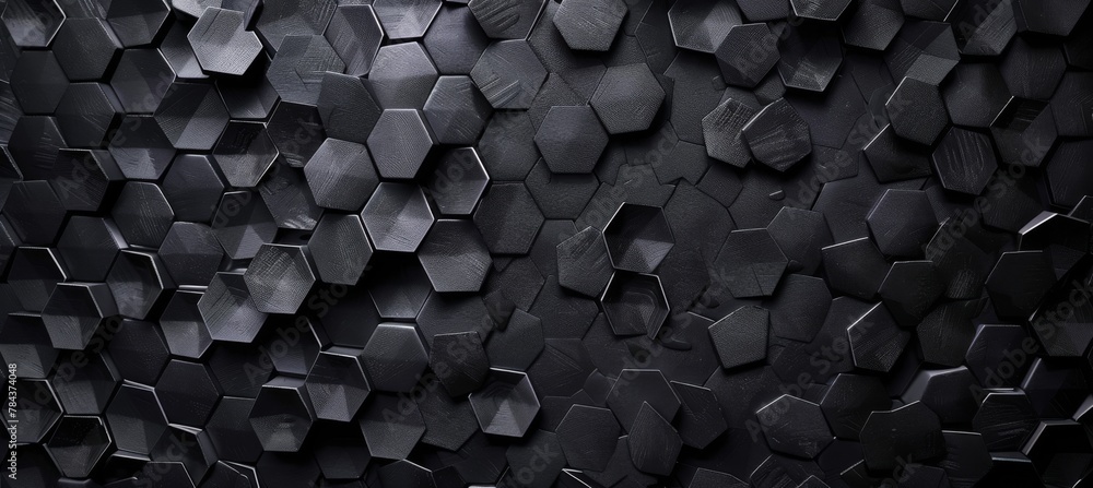 Black hexagon honeycomb shapes matte surface moving up down randomly. Abstract modern design background concept. 3D illustration rendering graphic design - obrazy, fototapety, plakaty 