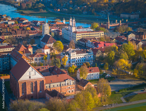 Kaunas old town panorama, Lithuania. Drone aerial view photo of Kaunas city center with many old red roof houses, churches