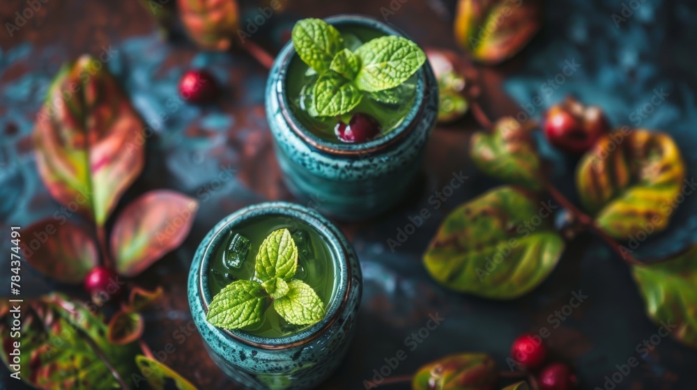 Two small blue cups with mint leaves and berries on top Two small blue cups with mint leaves and berries on top