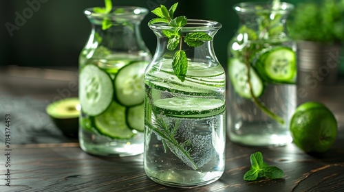Three clear glass vases filled with cucumber slices and mint leaves. A lime wedge is on the right