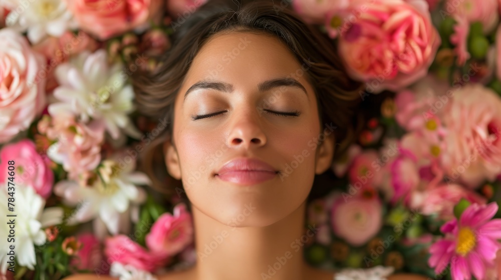 A woman is laying in a bed of flowers. She is smiling and she is relaxed. The flowers are pink and white, and they surround her. Concept of peace and tranquility A woman is laying in a bed of flowers. She is smiling and she is relaxed. The flowers are pink and white, and they surround her. Concept of peace and tranquility