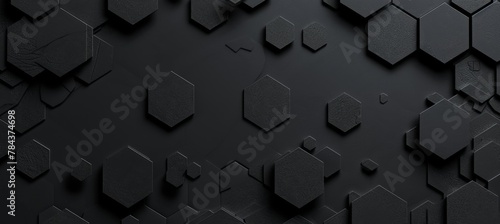 Black hexagon honeycomb shapes matte surface moving up down randomly. Abstract modern design background concept. 3D illustration rendering graphic design
