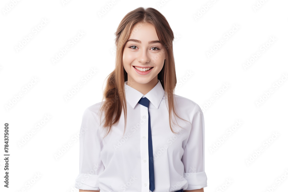 Young woman in a simple, cute, bright student uniform. isolated on a transparent background. Young woman in a simple, cute, bright student uniform. isolated on a transparent background.