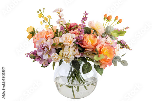 A bouquet of flowers in a glass vase isolated on a transparent background