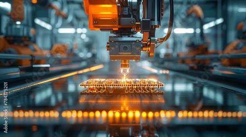 An ultra-wide shot of a 3D printer creating an AI processor chip, highlighting the precision and innovation in AI hardware development