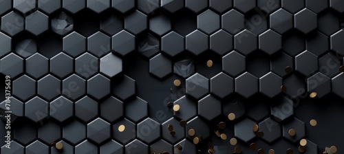 Black hexagon honeycomb shapes matte surface moving up down randomly. Abstract modern design background concept. 3D illustration rendering graphic design