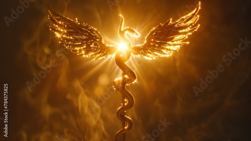 A golden snake with a golden staff and a golden wing. The snake is surrounded by smoke and the wing is glowing photo